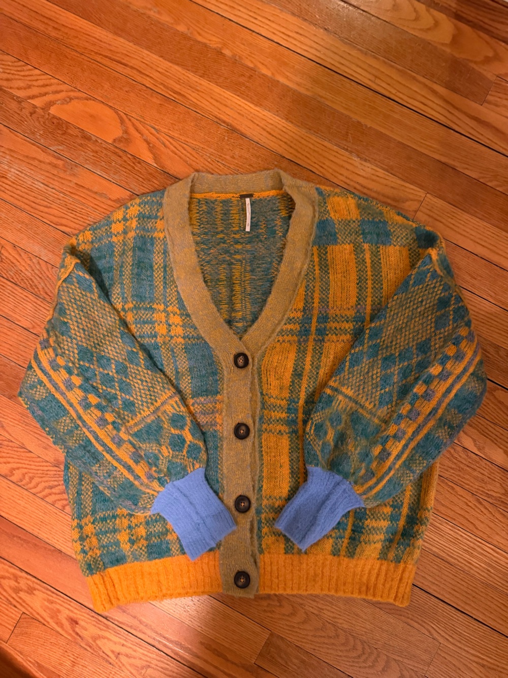 Free people Plaid Mohair-Blend Cardigan Sweater in Teal & Mustard